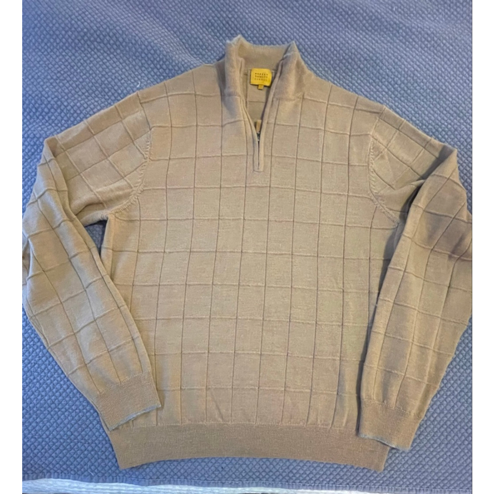 Robert Talbott Carmel 100% Wool Quarter Zip Sweater Tan Beige Windowpane M